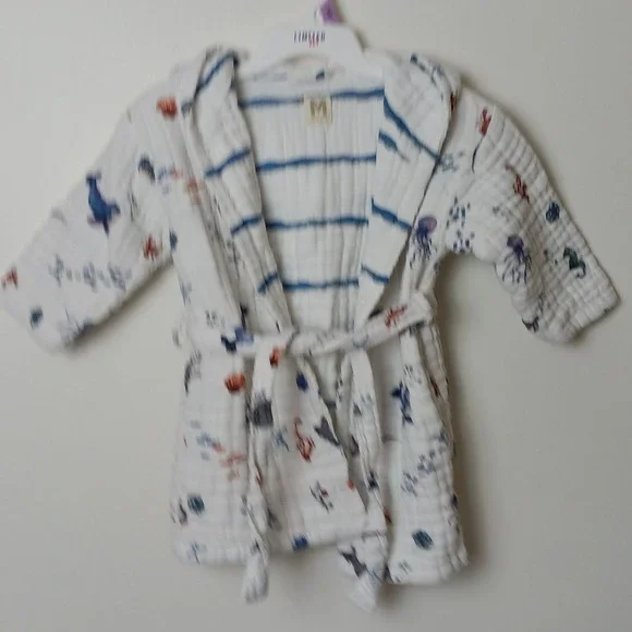Malabar Baby Kids White Organic Cotton Muslin Sea Life Hooded Robe 1-2 Years - Picture 3 of 8